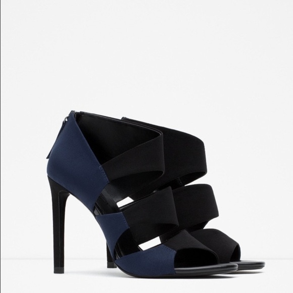 ZARA BLUE BLACK SUEDE HIGH HEEL SANDALS OPEN TOE NEW WITH TAGS US 6.5 EUR 37